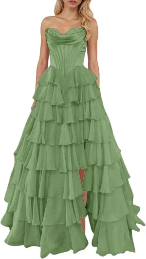 Long Formal Dresses for Women Corset Tiered 2025 Chiffon Strapless Ruffle Prom Dress A-Line Slit Evening Party Gown