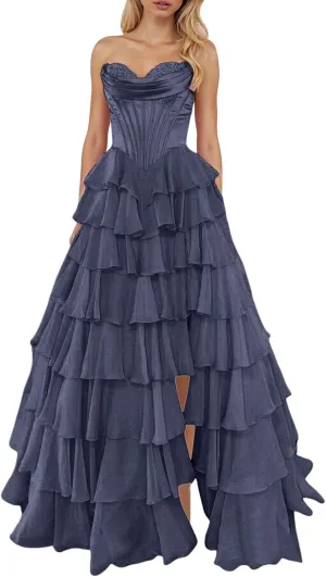 Long Formal Dresses for Women Corset Tiered 2025 Chiffon Strapless Ruffle Prom Dress A-Line Slit Evening Party Gown