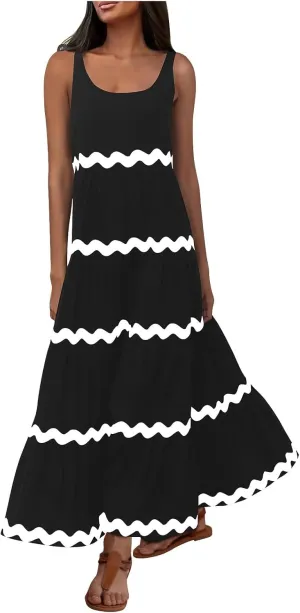 Lpmadey Women's Casual Loose Striped Sundress Flowy Long Dress Sleeveless U-Neck Pleated Maxi Dresses Summer Beach Dress