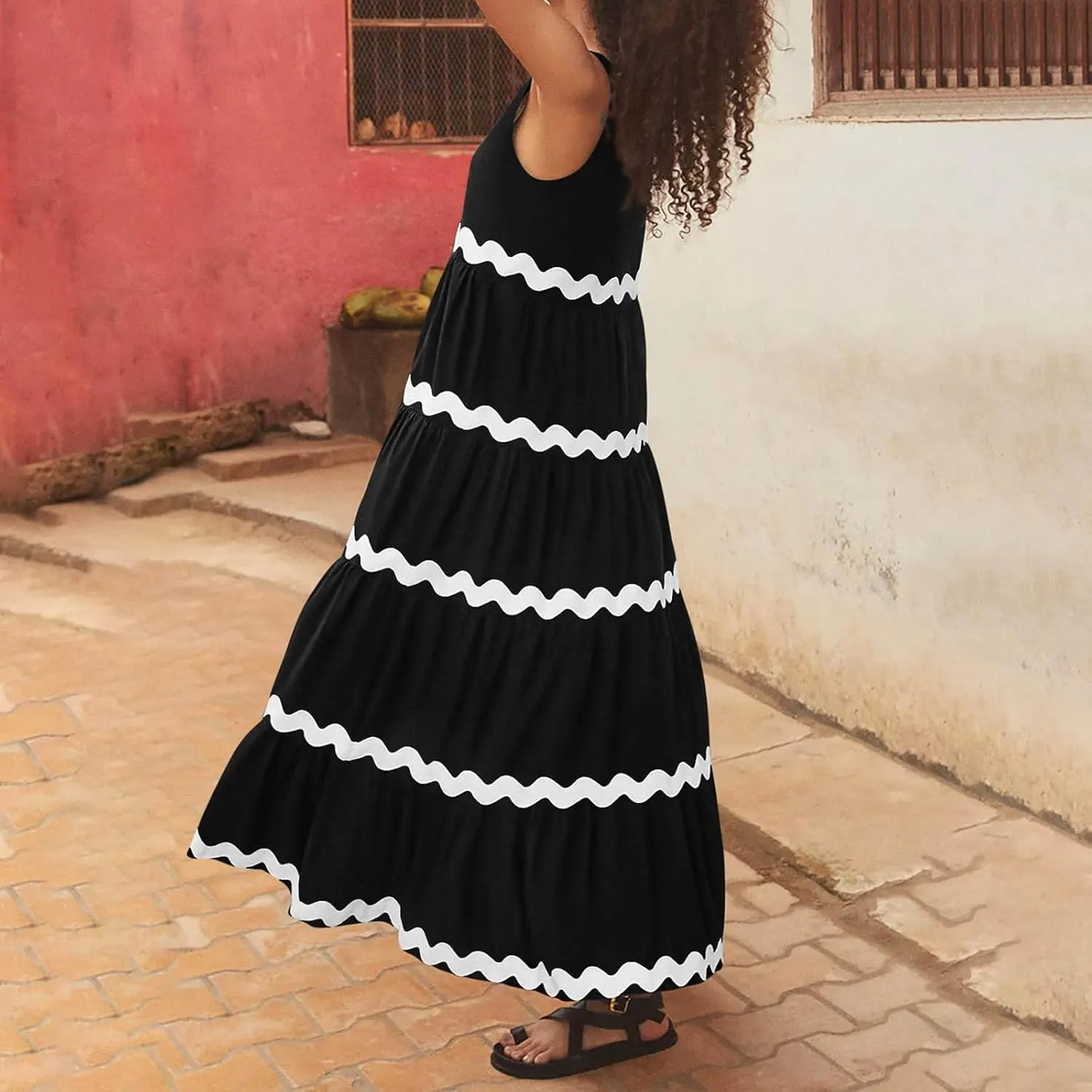 Lpmadey Women's Casual Loose Striped Sundress Flowy Long Dress Sleeveless U-Neck Pleated Maxi Dresses Summer Beach Dress
