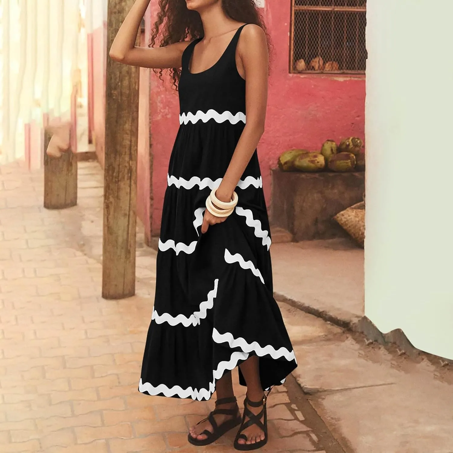 Lpmadey Women's Casual Loose Striped Sundress Flowy Long Dress Sleeveless U-Neck Pleated Maxi Dresses Summer Beach Dress