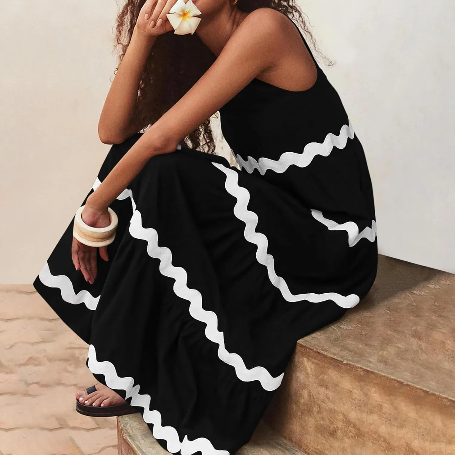 Lpmadey Women's Casual Loose Striped Sundress Flowy Long Dress Sleeveless U-Neck Pleated Maxi Dresses Summer Beach Dress