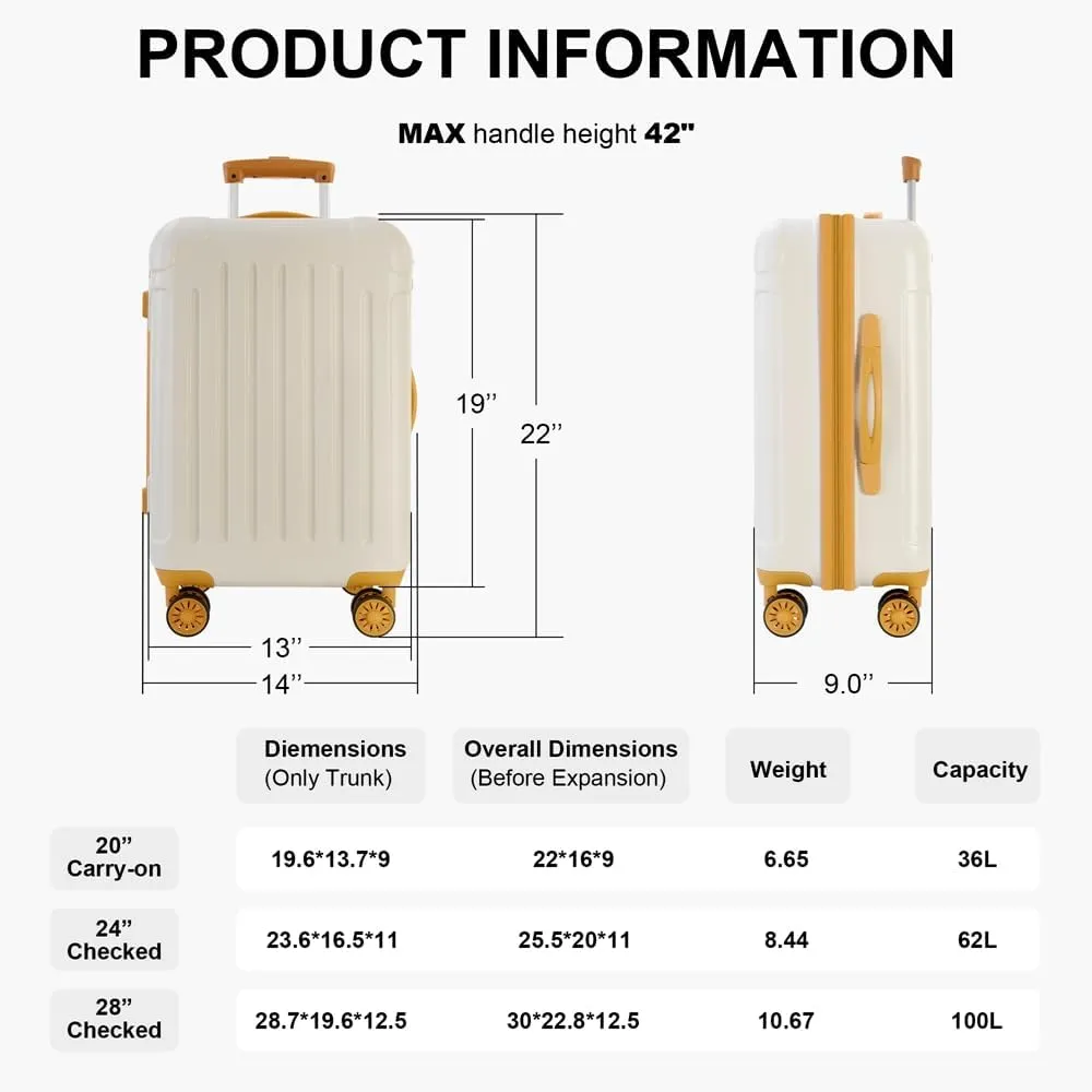 Luggage 3 Piece Sets with Spinner Wheels ABS PC Lightweight(20/24/28), White