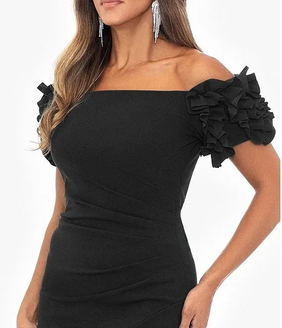 Luolandi 3D Ruffle Off-the-Shoulder Ruffle Front Ruched Detail Midi Dress Cocktail Dresses Party Dress