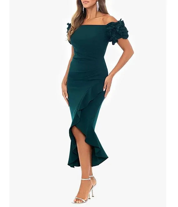 Luolandi 3D Ruffle Off-the-Shoulder Ruffle Front Ruched Detail Midi Dress Cocktail Dresses Party Dress