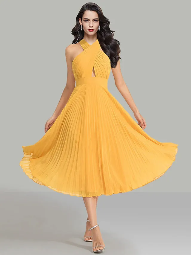 Luolandi A-Line Wedding Guest Dresses Elegant Dress Cocktail Party Tea Length Sleeveless Halter Chiffon