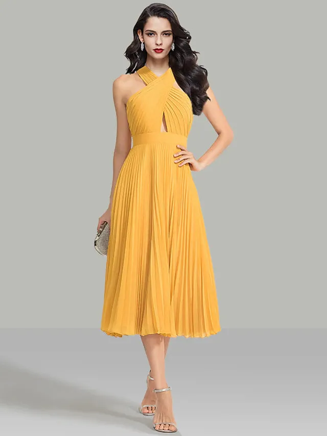 Luolandi A-Line Wedding Guest Dresses Elegant Dress Cocktail Party Tea Length Sleeveless Halter Chiffon