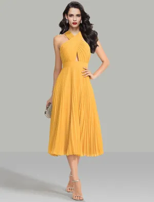 Luolandi A-Line Wedding Guest Dresses Elegant Dress Cocktail Party Wedding Party Tea Length Sleeveless Halter Neck Chiffon