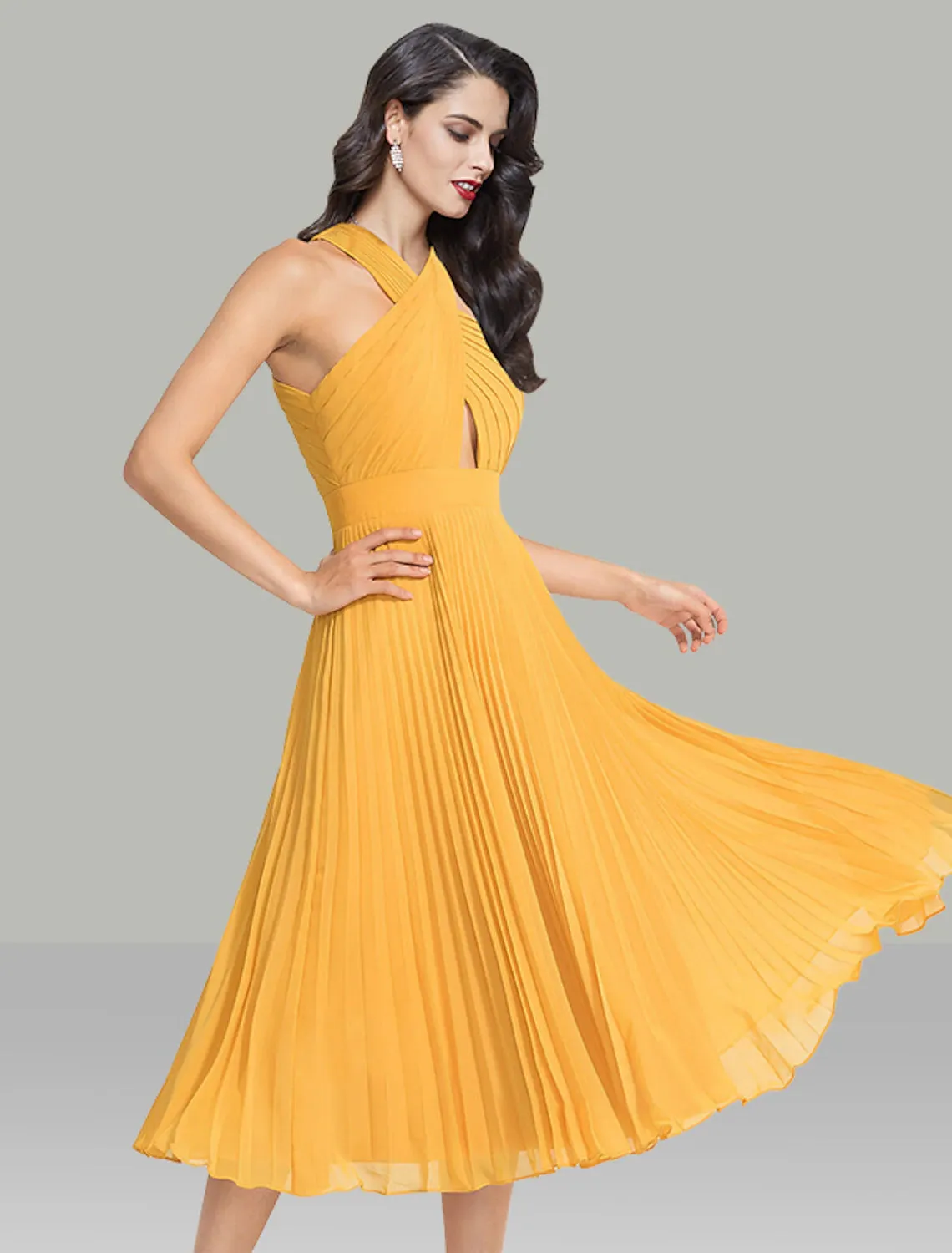 Luolandi A-Line Wedding Guest Dresses Elegant Dress Cocktail Party Wedding Party Tea Length Sleeveless Halter Neck Chiffon