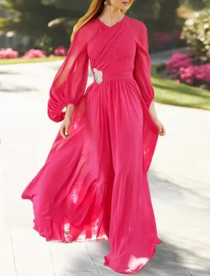 Luolandi A-Line Wedding Guest Dresses Elegant Dress Holiday Cocktail Party Floor Length Long Sleeve V Neck Chiffon with Ruched Evening Dress