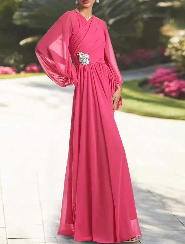 Luolandi A-Line Wedding Guest Dresses Elegant Dress Holiday Cocktail Party Floor Length Long Sleeve V Neck Chiffon with Ruched Evening Dress