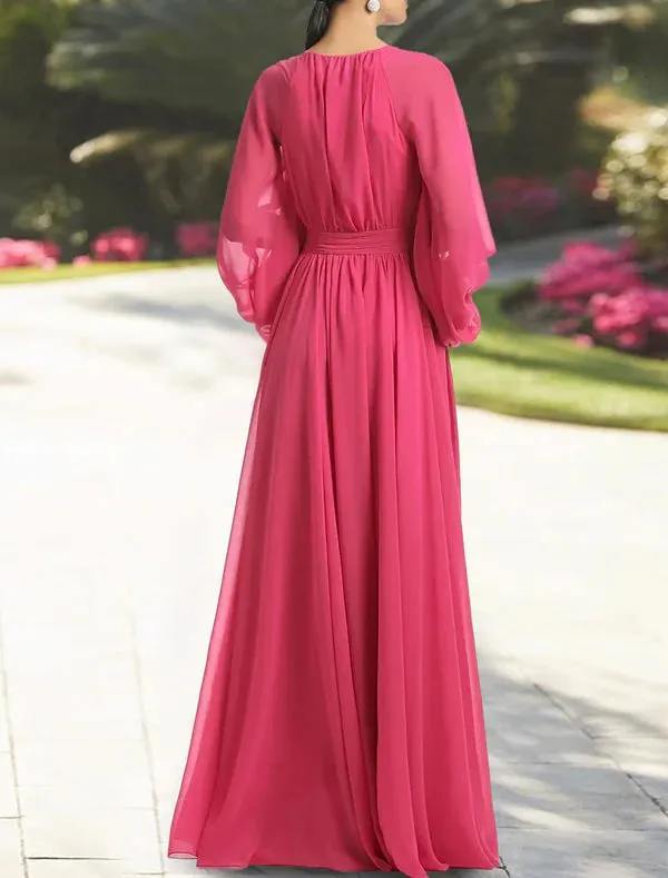 Luolandi A-Line Wedding Guest Dresses Elegant Dress Holiday Cocktail Party Floor Length Long Sleeve V Neck Chiffon with Ruched Evening Dress