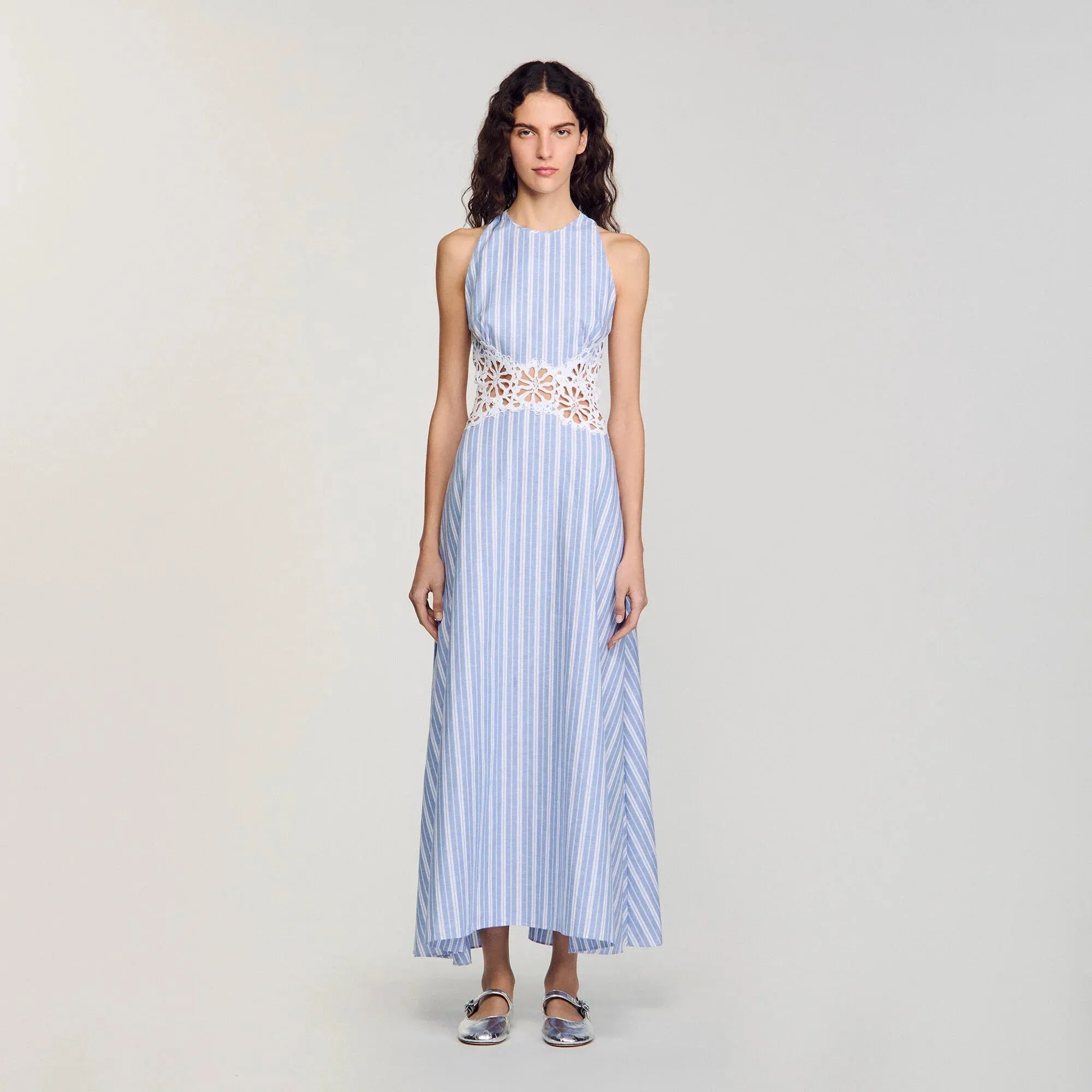 Majorelle Striped Maxi Dress With Lace Blu / White