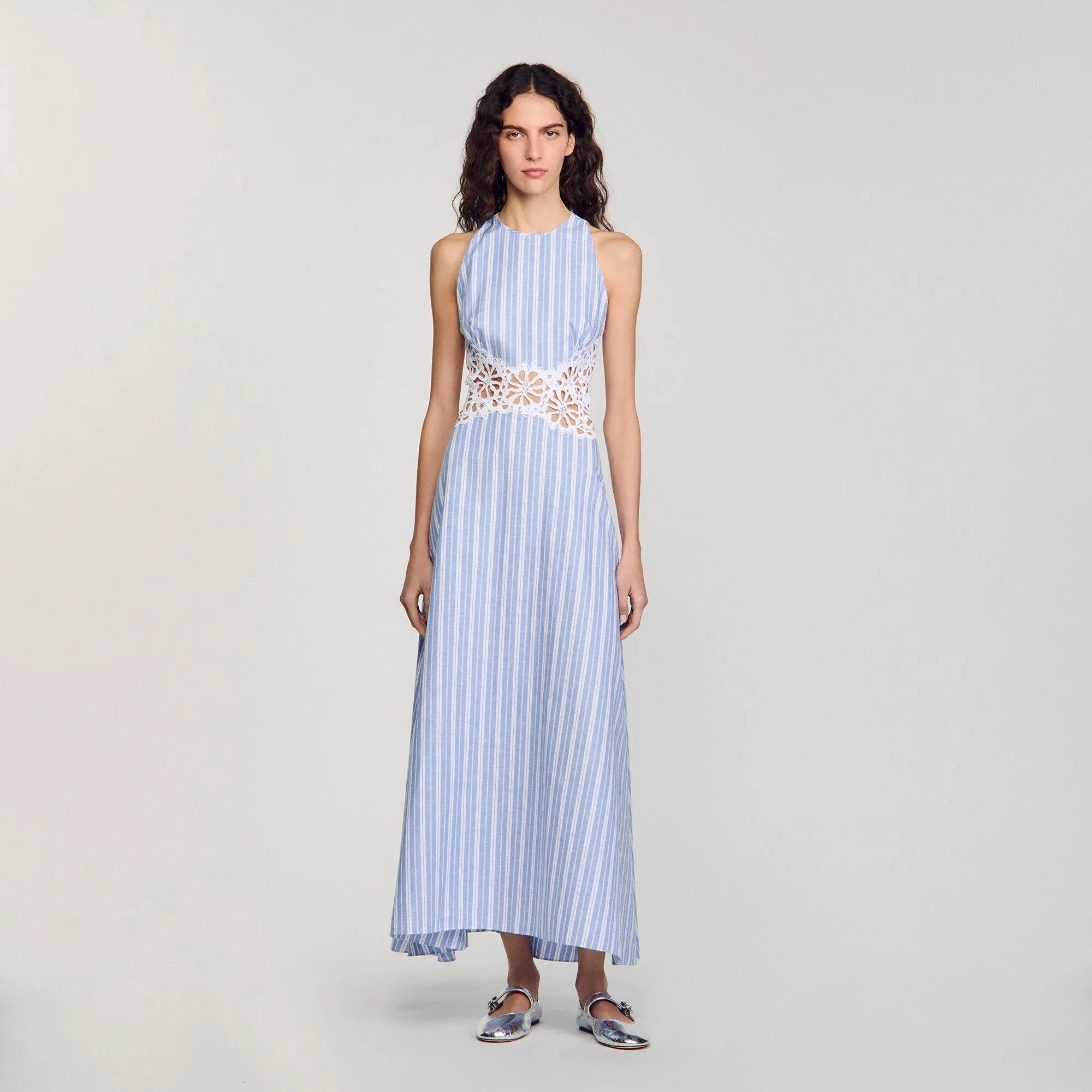 Majorelle Striped Maxi Dress With Lace Blu / White