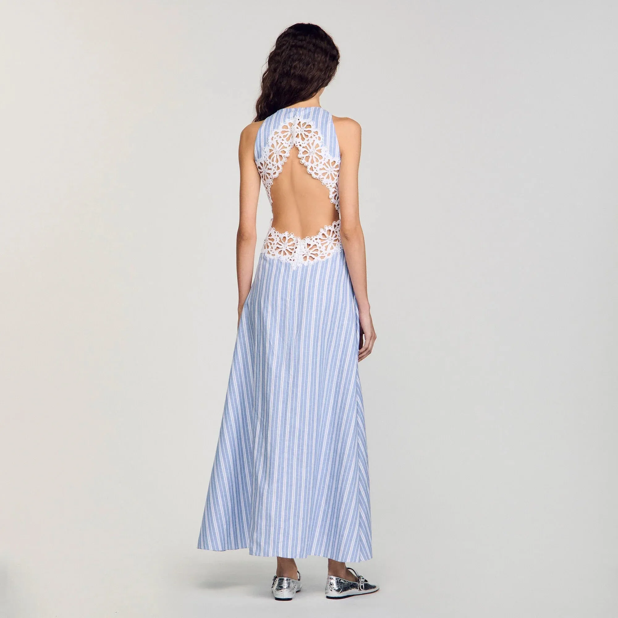 Majorelle Striped Maxi Dress With Lace Blu / White