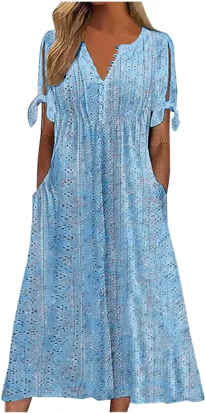 Maxi Dresses for Women 2025 Trendy Short Sleeve Eyelet Dress v Neck Floral Printed Dresses Summer Beach Dress