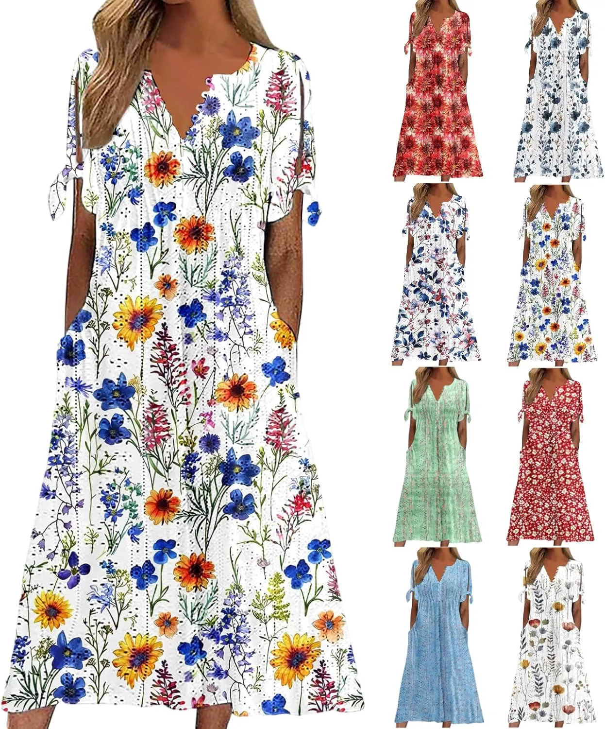 Maxi Dresses for Women 2025 Trendy Short Sleeve Eyelet Dress v Neck Floral Printed Dresses Summer Beach Dress