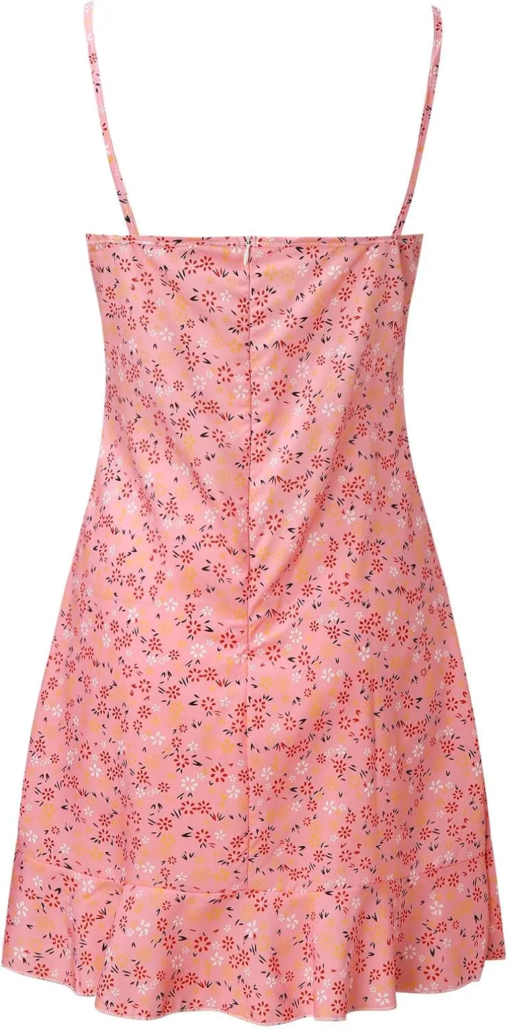 Mini Dresses for Women 2024 Summer Women's Floral Printed Spaghetti Strap Ruffle Hem Sundress Casual Fashion Sexy Tank Dress