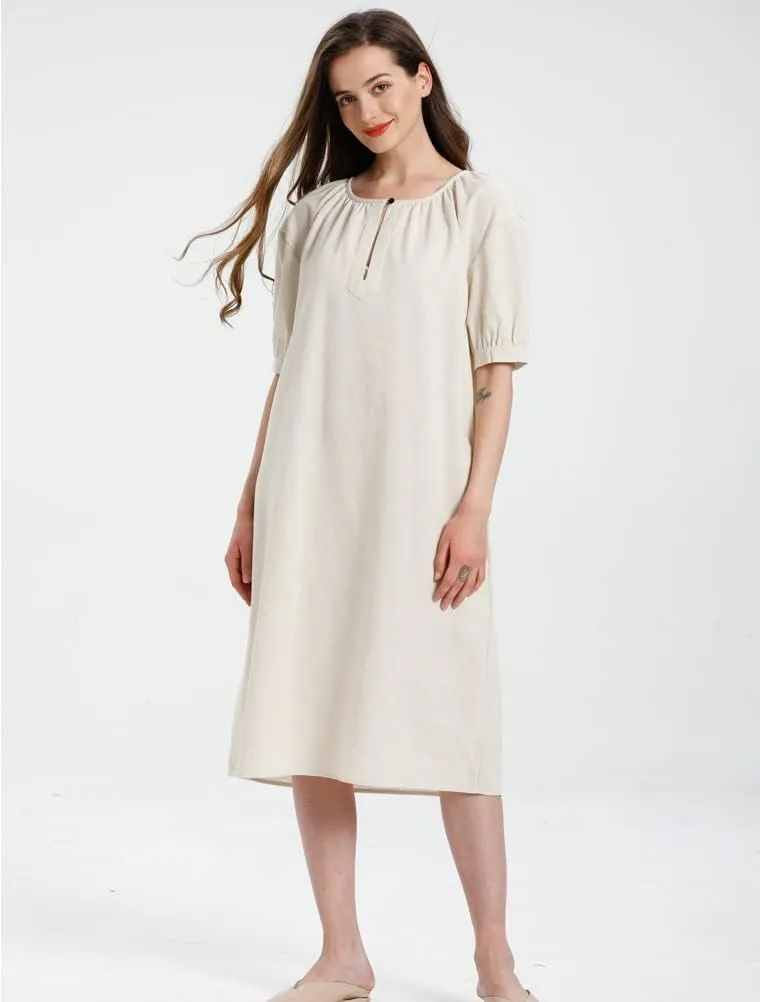 Minibee Women's Cotton Linen Dress Short Sleeve Midi Casual Plus Size Tunic Dress with Pockets