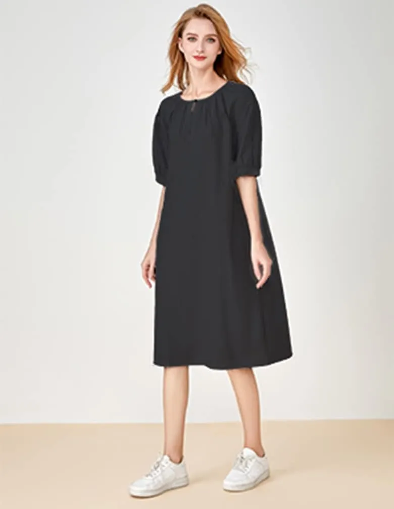 Minibee Women's Cotton Linen Dress Short Sleeve Midi Casual Plus Size Tunic Dress with Pockets