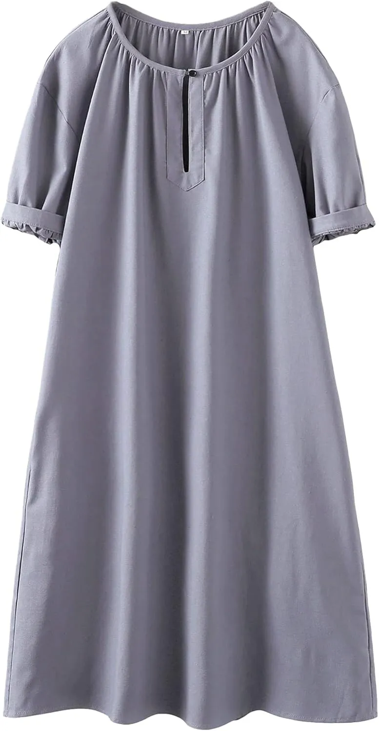 Minibee Women's Cotton Linen Dress Short Sleeve Midi Casual Plus Size Tunic Dress with Pockets
