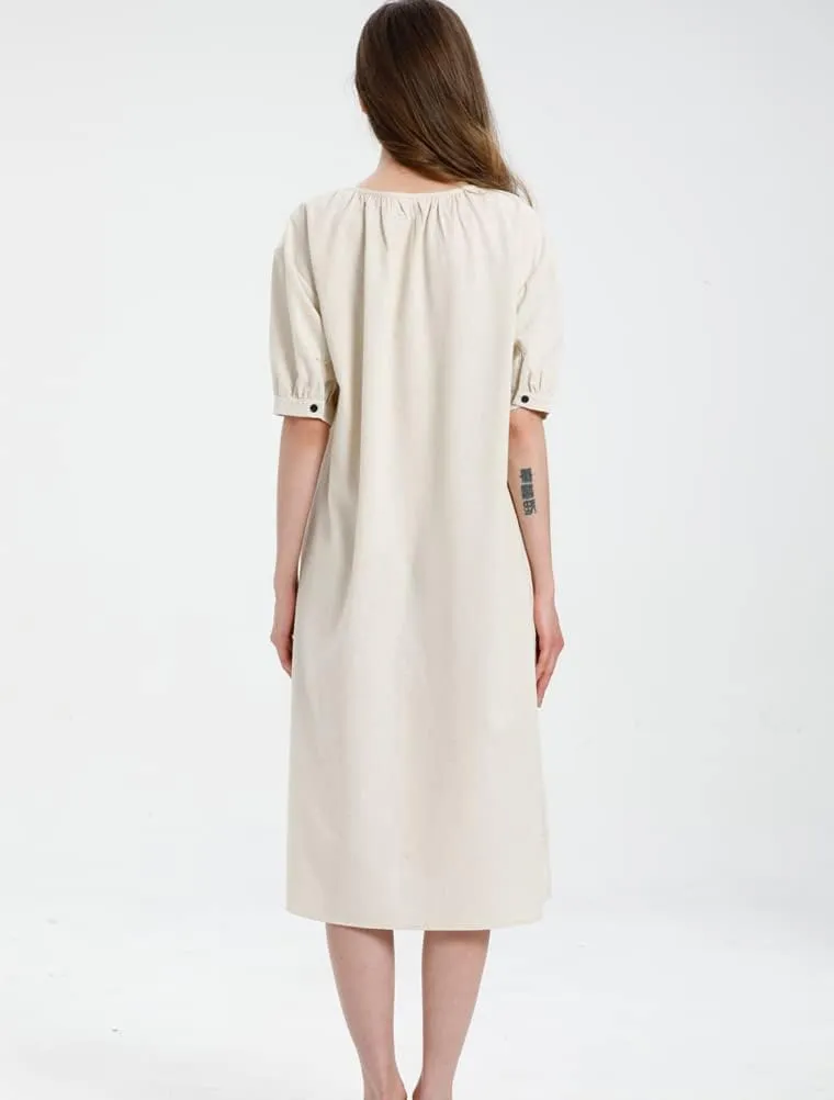 Minibee Women's Cotton Linen Dress Short Sleeve Midi Casual Plus Size Tunic Dress with Pockets