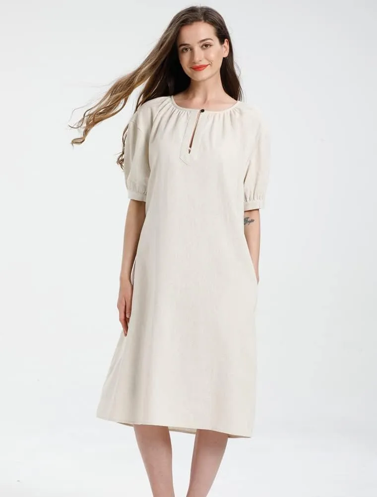 Minibee Women's Cotton Linen Dress Short Sleeve Midi Casual Plus Size Tunic Dress with Pockets