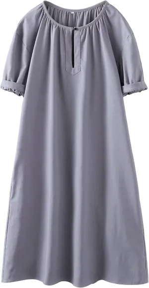 Minibee Women's Cotton Linen Dress Short Sleeve Midi Casual Plus Size Tunic Dress with Pockets
