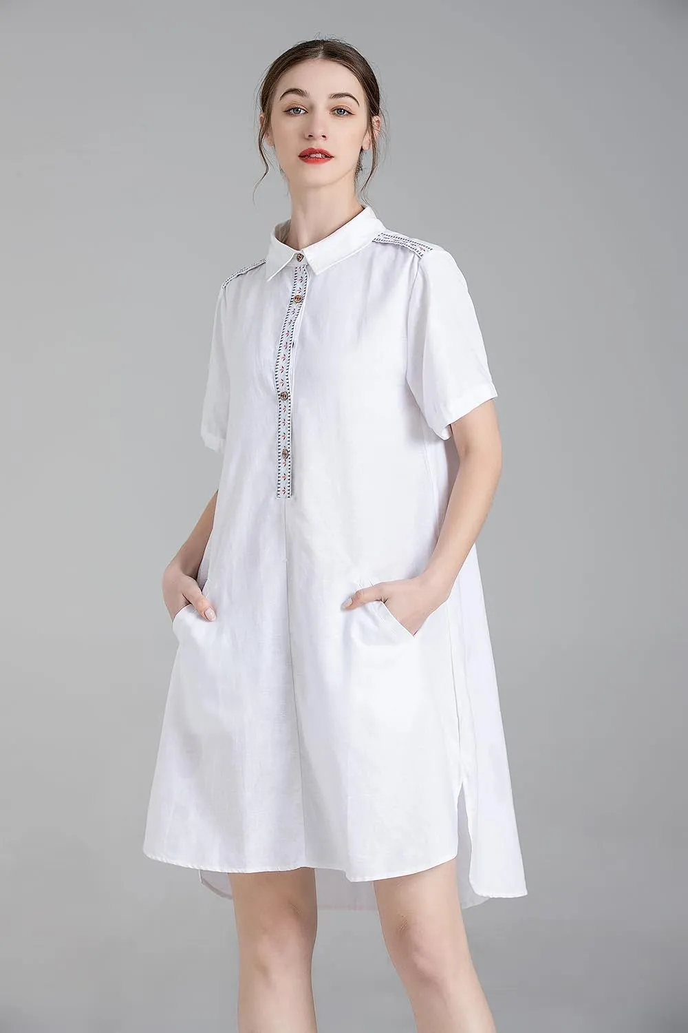 Minibee Women's Linen Dress Summer Casual Boho Sundress Short Sleeve Loose Tunic Dresses with Pocket