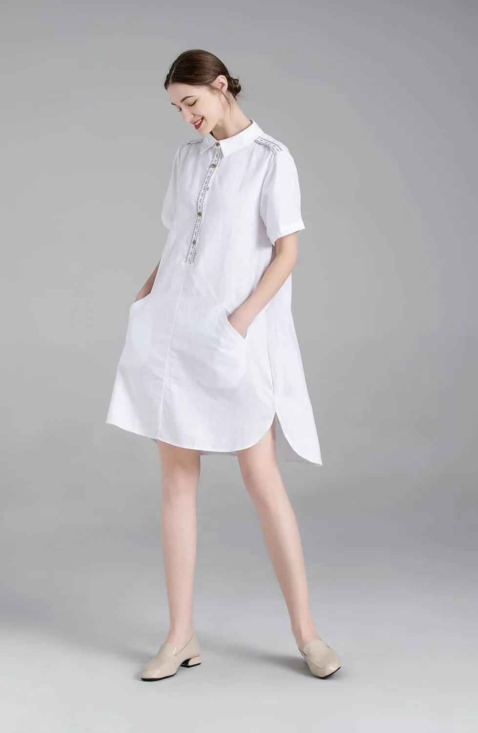 Minibee Women's Linen Dress Summer Casual Boho Sundress Short Sleeve Loose Tunic Dresses with Pocket