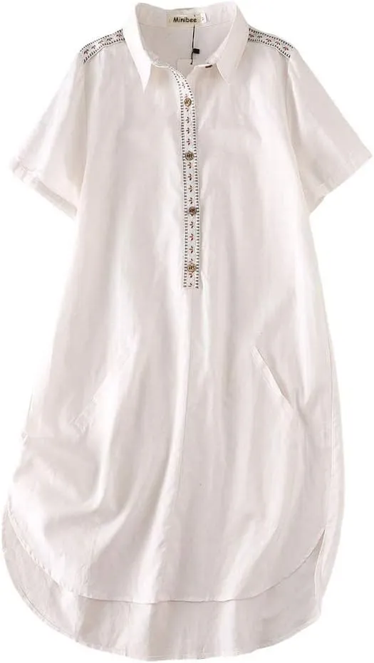 Minibee Women's Linen Dress Summer Casual Boho Sundress Short Sleeve Loose Tunic Dresses with Pocket