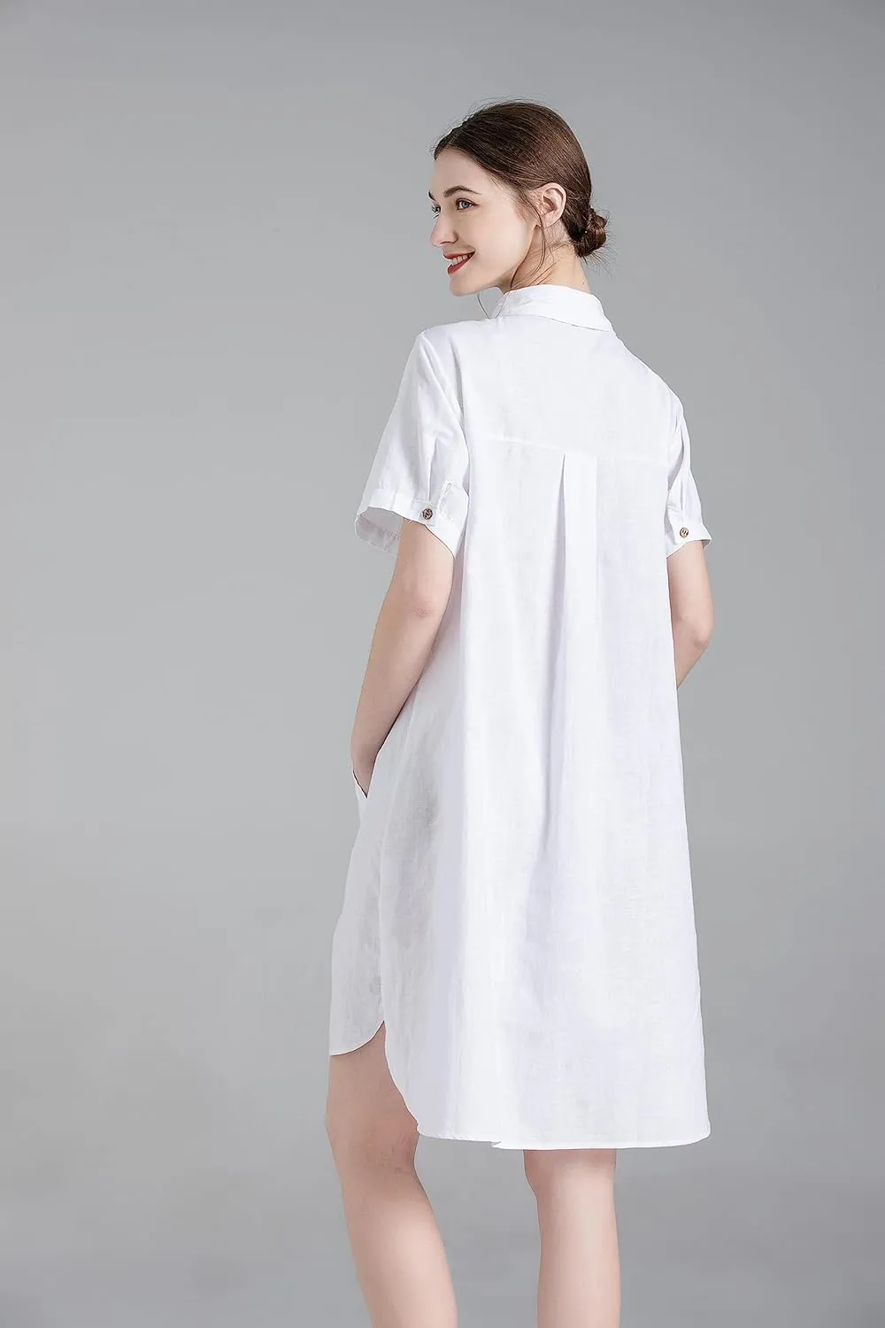 Minibee Women's Linen Dress Summer Casual Boho Sundress Short Sleeve Loose Tunic Dresses with Pocket