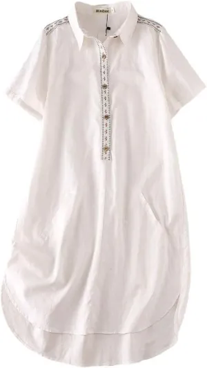 Minibee Women's Linen Dress Summer Casual Boho Sundress Short Sleeve Loose Tunic Dresses with Pocket