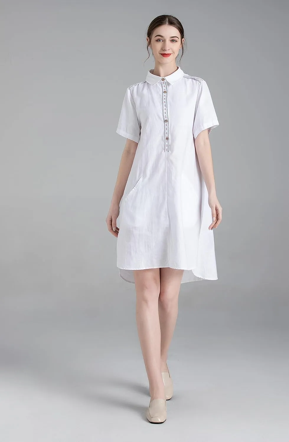 Minibee Women's Linen Dress Summer Casual Boho Sundress Short Sleeve Loose Tunic Dresses with Pocket