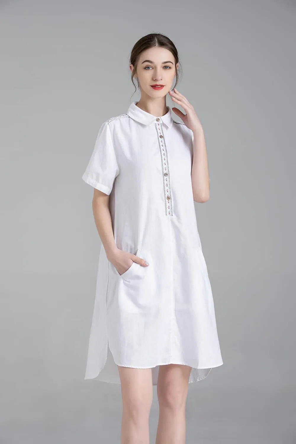 Minibee Women's Linen Dress Summer Casual Boho Sundress Short Sleeve Loose Tunic Dresses with Pocket