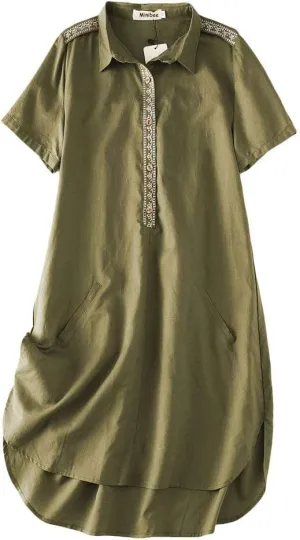 Minibee Women's Linen Dress Summer Casual Boho Sundress Short Sleeve Loose Tunic Dresses with Pocket