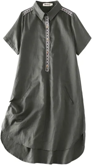 Minibee Women's Linen Dress Summer Casual Boho Sundress Short Sleeve Loose Tunic Dresses with Pocket