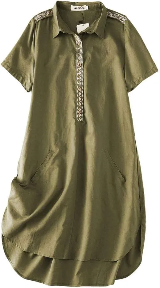 Minibee Women's Linen Dress Summer Casual Boho Sundress Short Sleeve Loose Tunic Dresses with Pocket