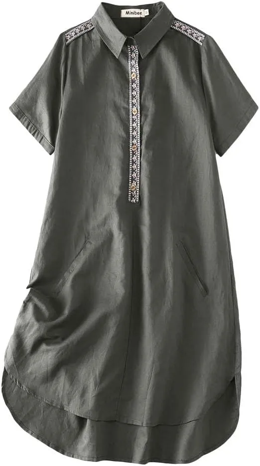 Minibee Women's Linen Dress Summer Casual Boho Sundress Short Sleeve Loose Tunic Dresses with Pocket