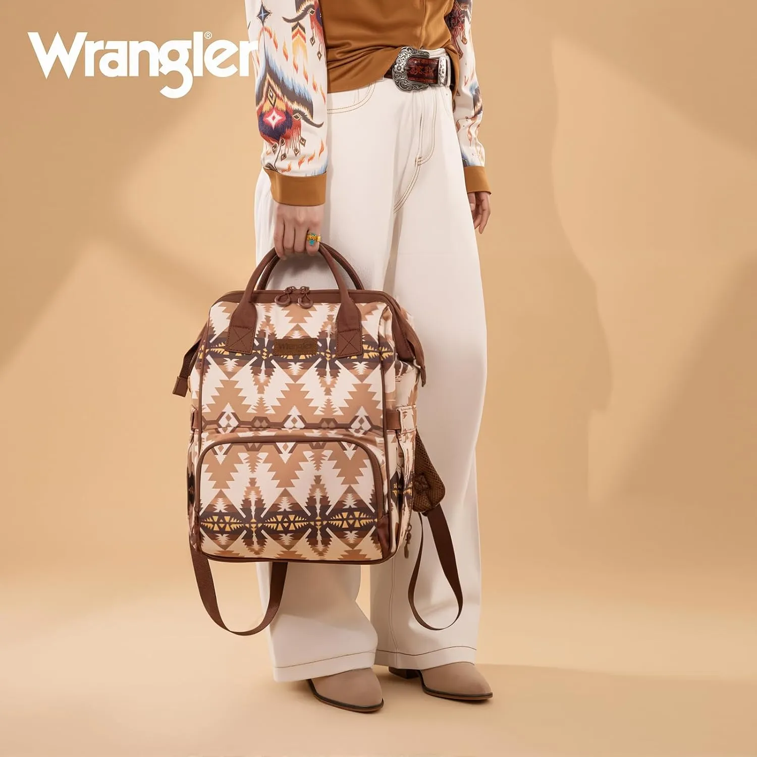 Montana West x Wrangler Diaper Bag Backpack Aztec Travel Backpack Purses Western Multi-Function Baby Bags for Mom with Waterproof Insulated Pockets