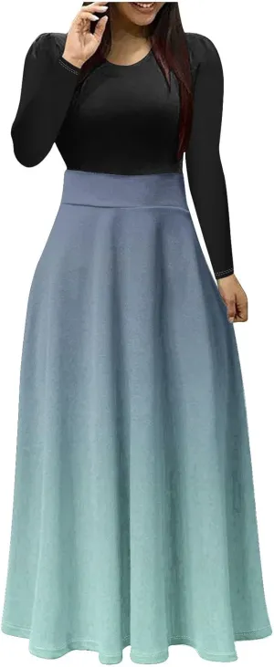 MRGIINRI Womens Long Sleeve Maxi Dress 2024 Fall Casual Crewneck Tunic Dresses Elegant High Waist Elastic Cocktail Party Gown