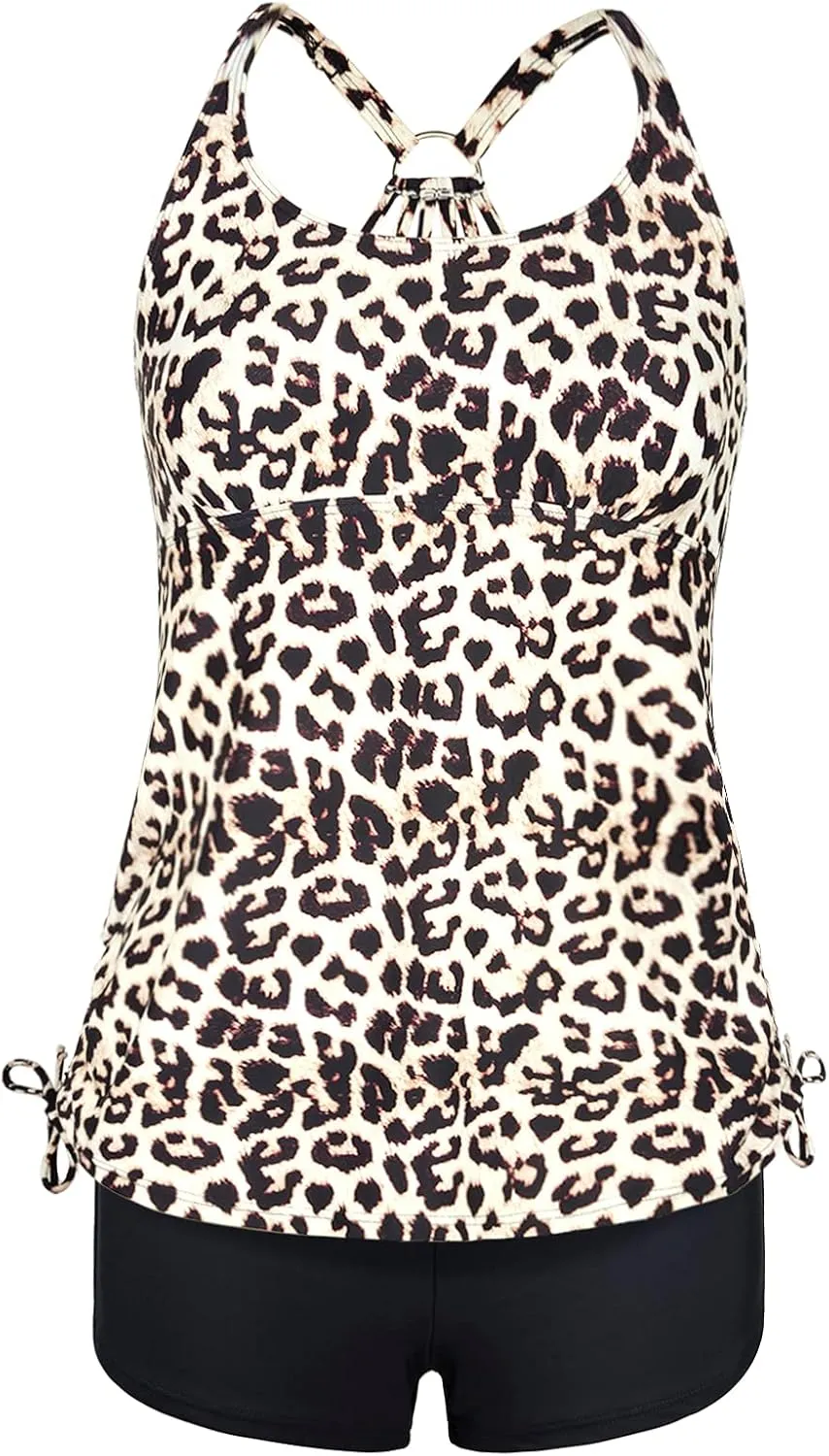 Mycoco Plus Size Two Piece Tankini Swimsuit for Women Athletic Bathing Suits High Neck Tankini Top with Shorts