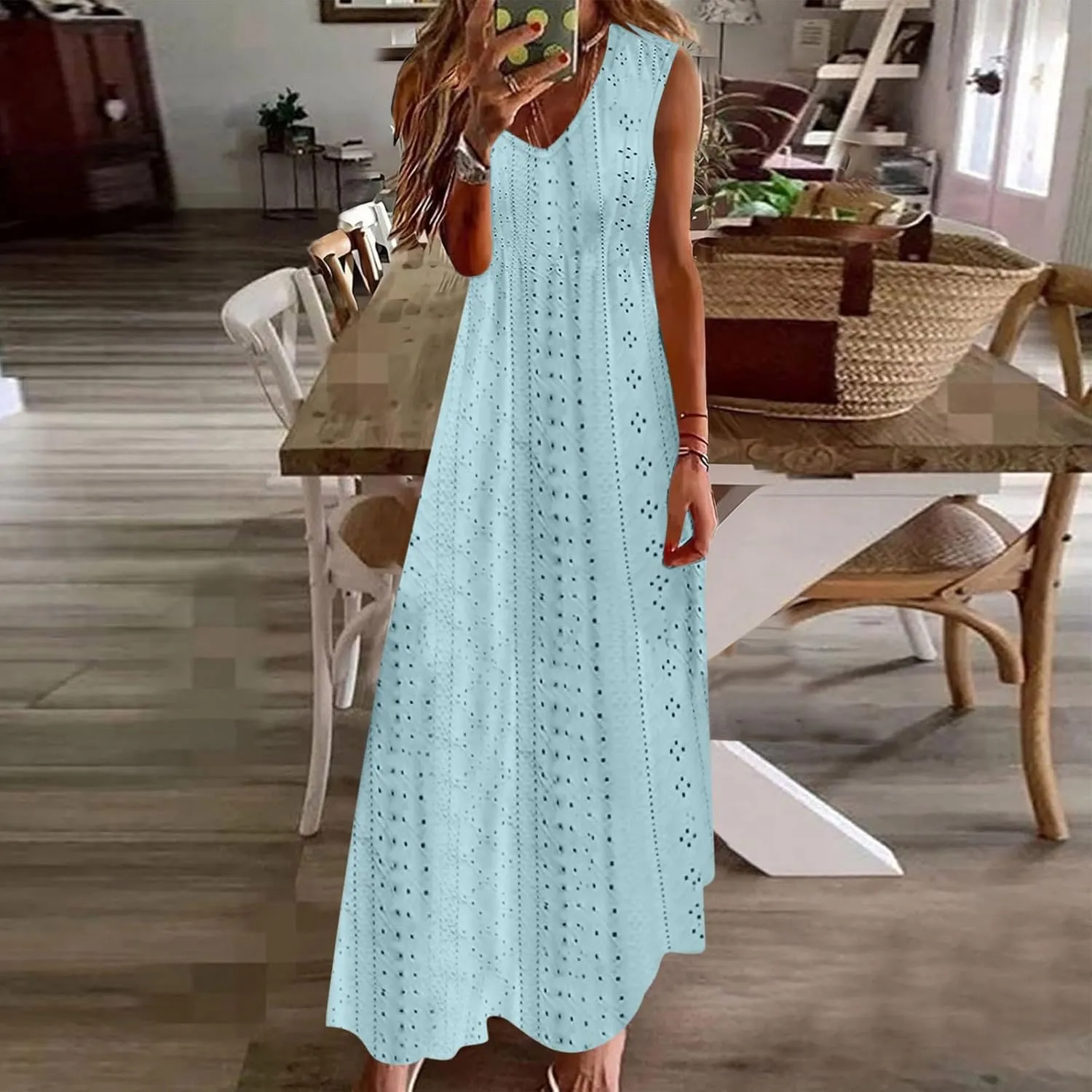 Mzkdieey Women's Summer Eyelet Embroidery Maxi Dress Casual V-Neck Sleeveless Bohemian Beach Dress Plus Size Loose Sundress