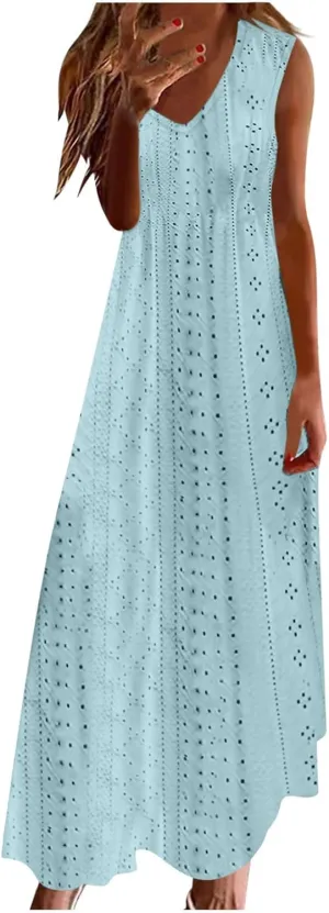 Mzkdieey Women's Summer Eyelet Embroidery Maxi Dress Casual V-Neck Sleeveless Bohemian Beach Dress Plus Size Loose Sundress
