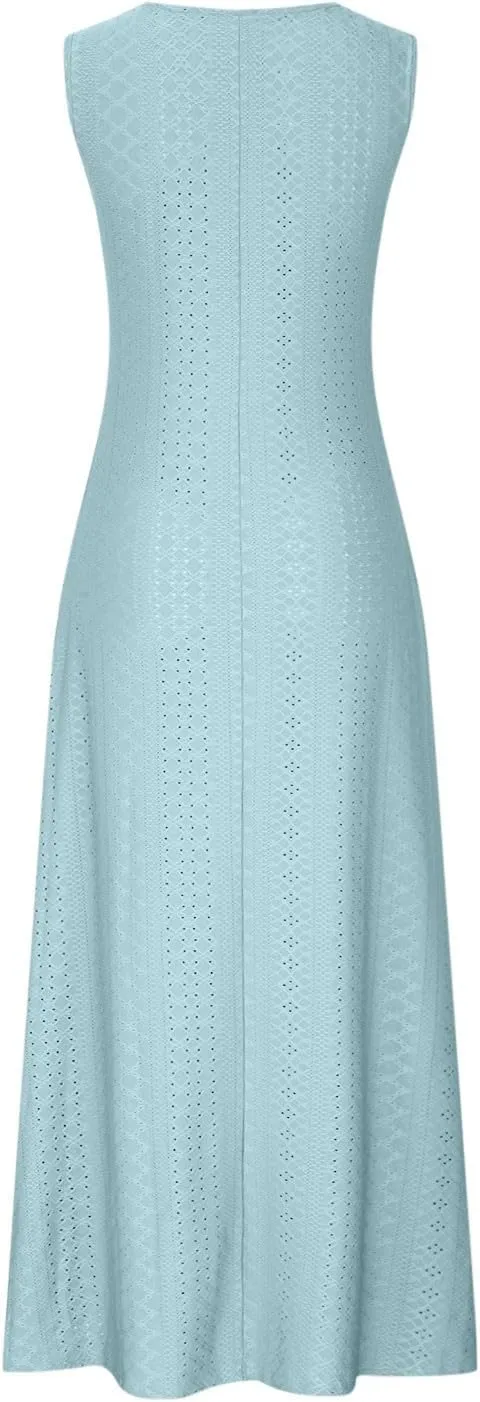 Mzkdieey Women's Summer Eyelet Embroidery Maxi Dress Casual V-Neck Sleeveless Bohemian Beach Dress Plus Size Loose Sundress