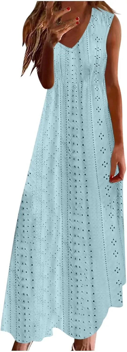 Mzkdieey Women's Summer Eyelet Embroidery Maxi Dress Casual V-Neck Sleeveless Bohemian Beach Dress Plus Size Loose Sundress