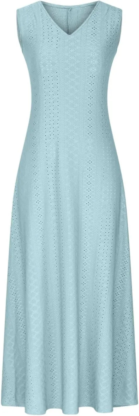 Mzkdieey Women's Summer Eyelet Embroidery Maxi Dress Casual V-Neck Sleeveless Bohemian Beach Dress Plus Size Loose Sundress