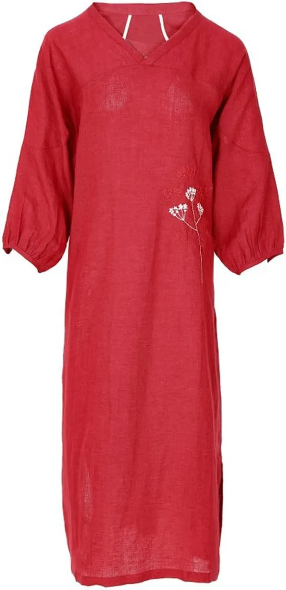 NFYM Women's Embroidered Linen Dress Puff Sleeve Midi Casual Plus Size Loose Baggy Clothing with Pockets