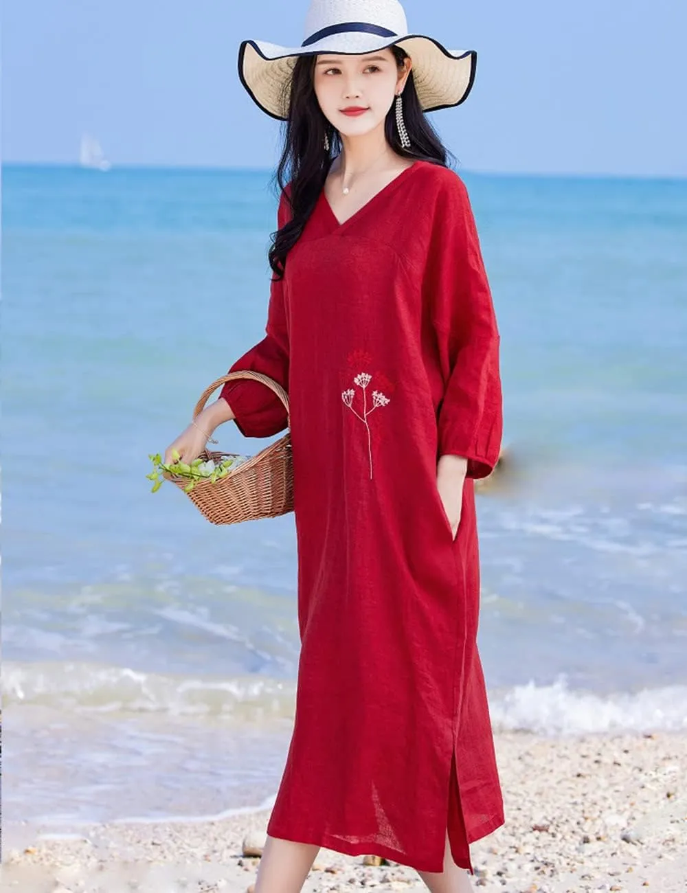 NFYM Women's Embroidered Linen Dress Puff Sleeve Midi Casual Plus Size Loose Baggy Clothing with Pockets