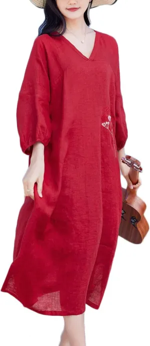 NFYM Women's Embroidered Linen Dress Puff Sleeve Midi Casual Plus Size Loose Baggy Clothing with Pockets